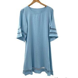 Womens SHEER Sleeve BOHO Sheath Dress Large L Light Blue 3/4 Sleeve